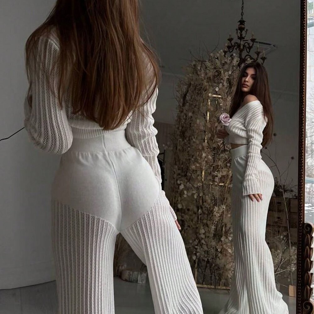 White Boho Women's Knit Sheer Hollow Top And High Waist Pants 2-Piece Suit set